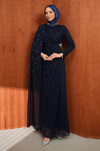 İmajButik Βραδινό φόρεμα σε σκούρο μπλε με ντραπέ σχέδιο και λεπτομέρειες από...