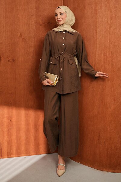 İmajButik Καφέ Σετ Παντελόνι με Κορδόνι στη Μέση και Τουνίκ