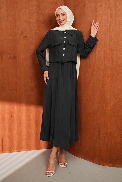 İmajButik Σετ Φόρεμα-Σακάκι Ανθρακί με Διπλό Συνδυασμό