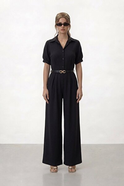 VAGGON Buttoned Short Sleeve Belted Wide Leg Jumpsuit