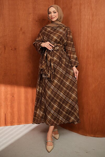 İmajButik Καφέ φόρεμα με σχέδια και σάλι