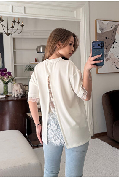 Perry Boutique Ecru Short Sleeve Blouse with Lace Detail on the Back and Sleeves