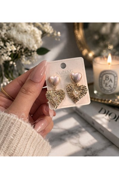 Bymiel Heart Detailed Pearl and Stone Gold Women's Earrings (Non-Tarnish, Non...