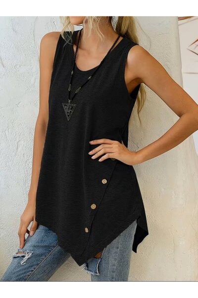 Wear Up Women's Strappy Round Neck Viscose Blouse with Asymmetrical Cut Detail