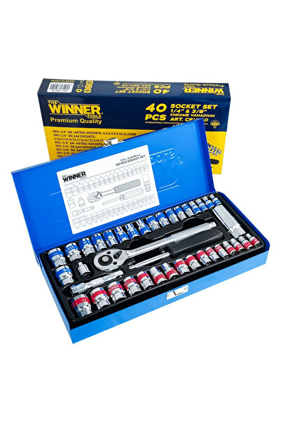 THE WINNER TOOLS طقم مفاتيح ربط 40 قطعة بمقاس 1/4 و 3/8 بوصة مع علبة تخزين معدنية