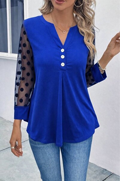 Wear Up Γυναικεία μακρυμάνικη μπλούζα με κουμπιά στο λαιμό και λεπτομέρεια απ...