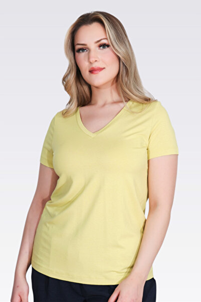 TOLGA SARAÇOĞLU 10839 Yellow V-Neck Short Sleeve T-Shirt