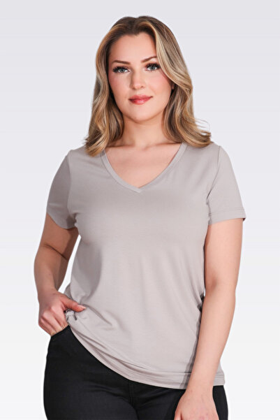 TOLGA SARAÇOĞLU 10839 Gray V-Neck Short Sleeve T-Shirt