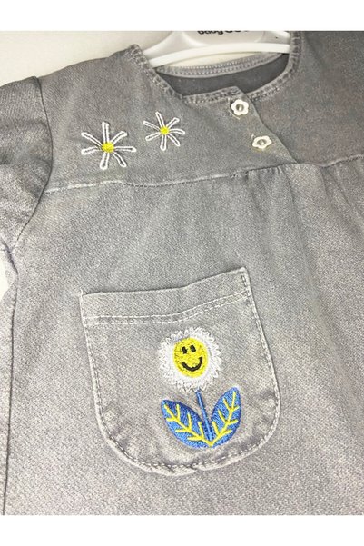 ASLİN STORE Bee and Flower Embroidered Pocket Detailed Denim Soft Jeans Baby Girl Top and Bottom Set