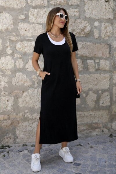 Wear Up Γυναικείο κοντομάνικο φόρεμα Με πλαϊνό σκίσιμο μακρύ Βισκόζη με εφέ ε...