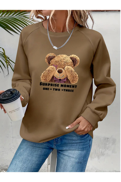 Wear Up Γυναικεία μακρυμάνικη μπλούζα με λαιμόκοψη αρκουδάκι με στάμπα βισκόζ...