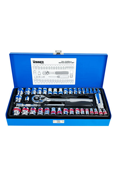 THE WINNER TOOLS طقم مفاتيح ربط 40 قطعة بمقاس 1/4 و 3/8 بوصة مع علبة تخزين معدنية