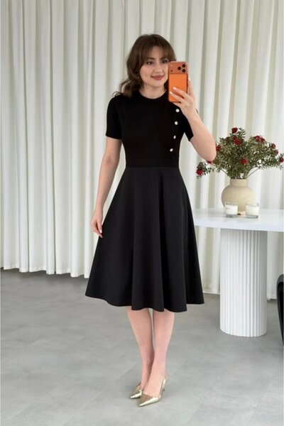 Wear Up Γυναικείο κοντομάνικο φόρεμα με λαιμόκοψη ποδηλάτου και χρυσή λεπτομέ...