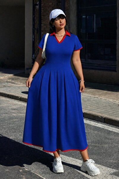 Wear Up Γυναικείο κοντομάνικο φόρεμα με λαιμόκοψη V Με πιέτες Long Janjan Κρεπ