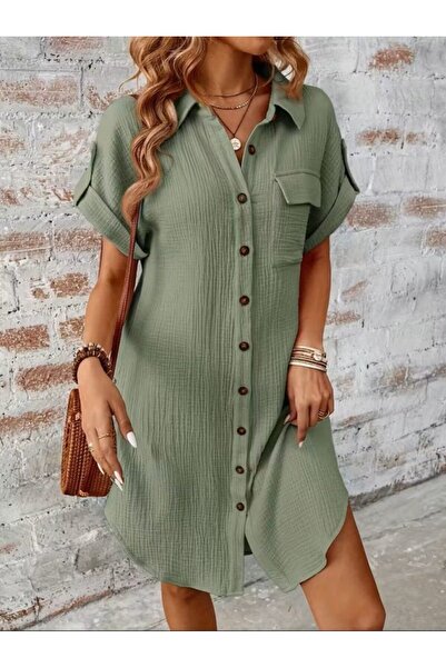 Wear Up Γυναικείο κοντομάνικο φόρεμα με γιακά Με κουμπιά μπροστά Bürümcük