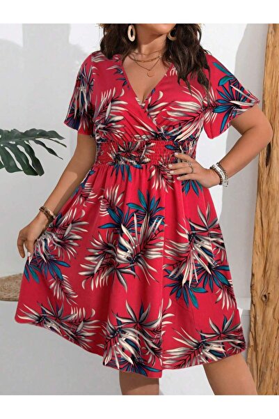 Iuliashop Rochie scurtă Cory roz cu imprimeu tropical - Mărimi mari - 44