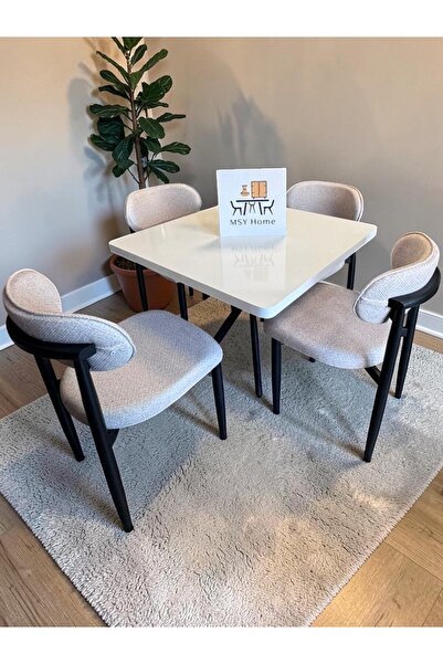 MSY HOME 4 Kişilik Vela 90*90 Kare Beyaz Sabit Masa Krem Sandalye Seti (Moder...