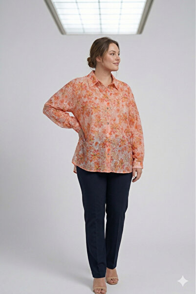 OEM Γυναικείο πουκάμισο σε μεγάλο μέγεθος, πορτοκαλί με φλοράλ σχέδιο, αέρινο...