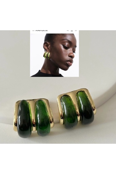 Lunarie Xuping Vintage Green Resin Stone Gold Steel Hoop Earrings - Vip Non-T...