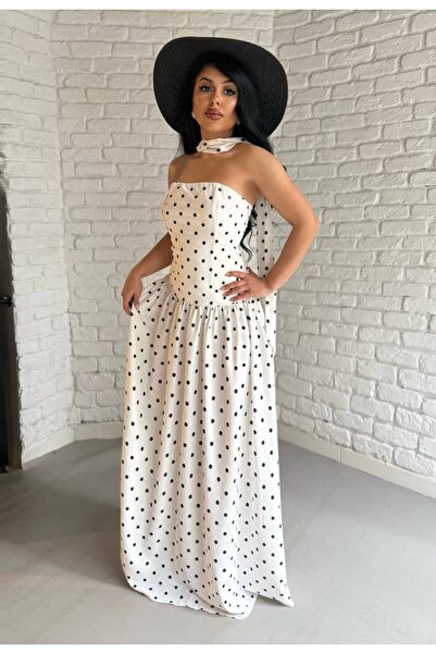 moneta boutique Γυναικείο μακρύ φόρεμα με σχέδιο πουά και σάλι