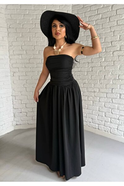 moneta boutique Γυναικείο μακρύ φόρεμα χωρίς τιράντες με ντραπέ