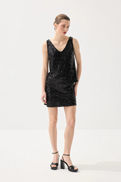 Gusto Sequin Sequin Premium Evening Dress Mini Skirt - Black