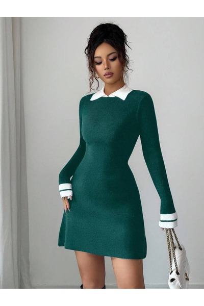 Iuliashop Rochie scurtă tricotată verde Antonina cu guler - L