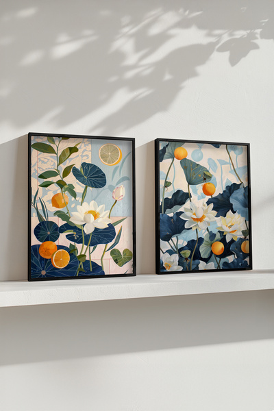 STARYUNA Μαύρο ξύλινο πλαίσιο με λουλούδια νούφαρου και εμπνευσμένο από εσπερ...