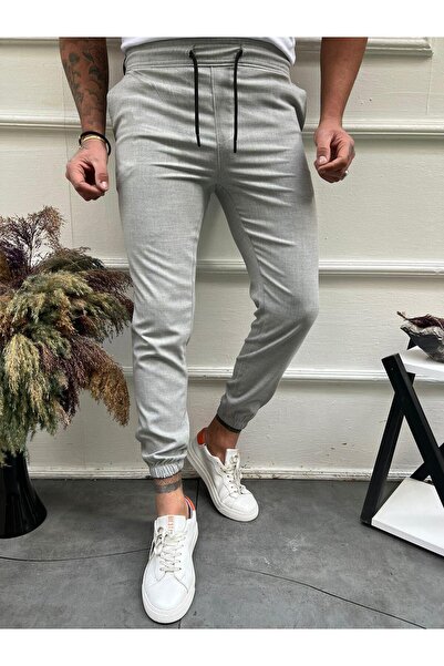 MODAMESTO Men's Light Gray Slim Fit Elastic Waist Elastic Cuff Jogger Pants