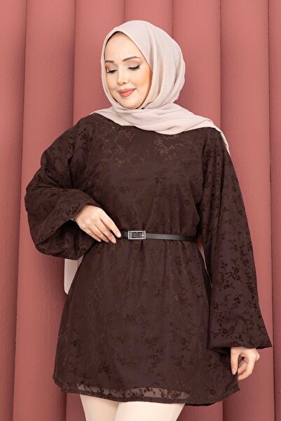 KEVRA Flock Print Balloon Sleeve Belted Tunic