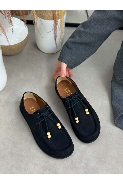 ERVANIN BUTİĞİ Black Suede (Rody) Bead Detail Women's Casual Shoes