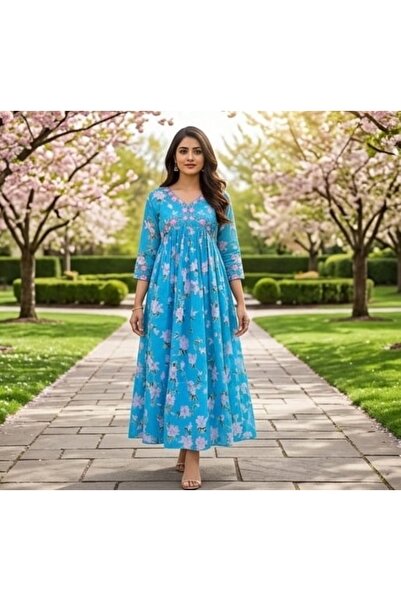 Genaric Women Floral Printed with embroidered Alia Cut Anarkali Dress with Dupatta, Premium Mal Mal Cotton