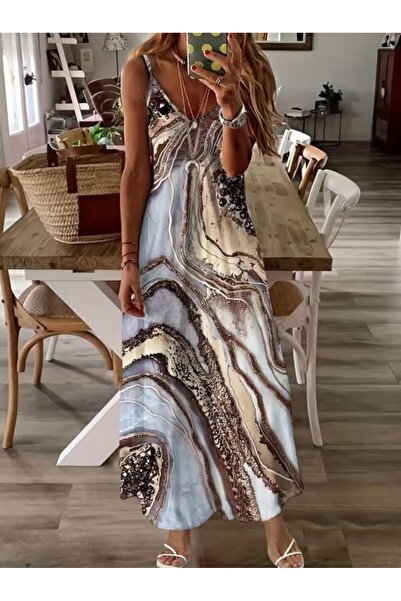 JANES Γυναικείο μακρύ φόρεμα από σουπερζέρ με λουράκια και λαιμόκοψη V