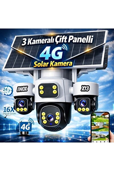 inox -X13 3lens Esim Çift Panelli Full Renkli 4g Solar Kamera