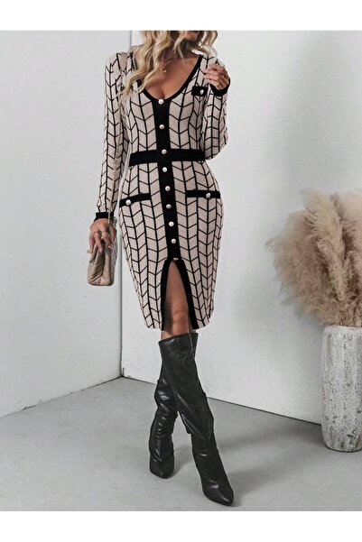 Iuliashop Rochie tricotată scurtă Maya Bej cu imprimeu negru - M
