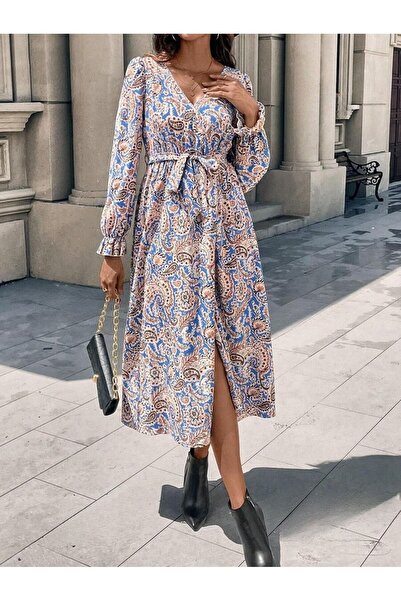Iuliashop Rochie midi Alfreda albastră cu imprimeu multicolor - M