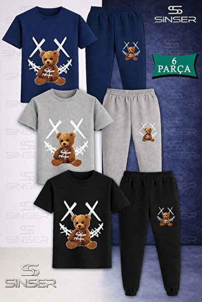 SS SİNSER Children's Bear Yarn Carpi White 3-Piece T-Shirt Tracksuit Set