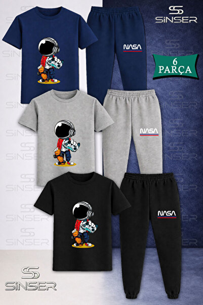 SS SİNSER Children's Astronaut with Game Console in Hand 3-Piece T-Shirt Trac...