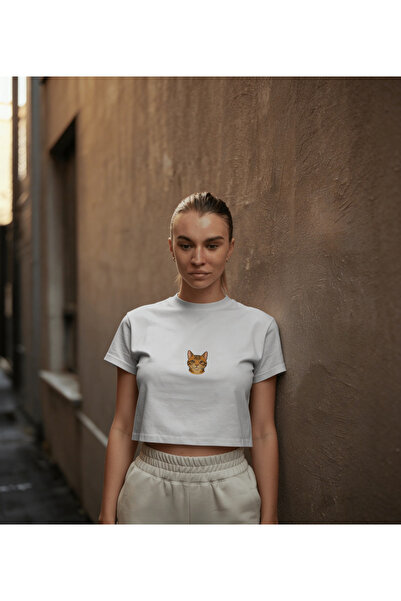 muhtar Minimal Bengal Kedi Baskılı Siyah Crop Tişört Kadın Oversize Rahat Kalıp
