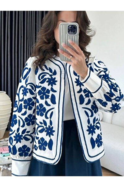 Sosyete Kaplumbağa Cotton Linen Full-Sleeve Embroidered Long-Sleeve Jacket