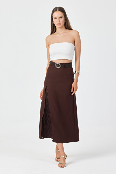 queencity Women's Black Long Skirt with Slits and Lace Details