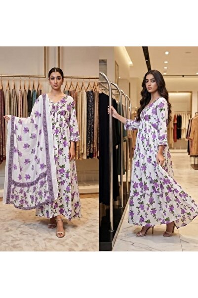 Genaric Women Floral Printed with embroidered Alia Cut Anarkali Dress with Dupatta, Premium Mal Mal Cotton