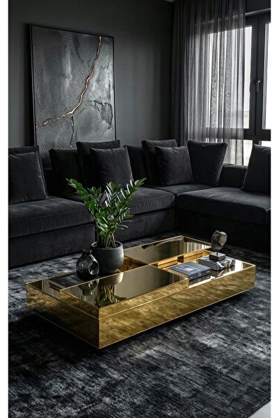 LUXURY VİLLA LUXURY KOMPLE GOLD AYNALI TEKERLEKLI DEKORATIF ORTA SEHPA 65 × 1...