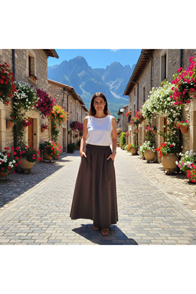 memetti m şekil Γυναικεία Σκούρα Καφέ Φούστα με Ελαστική Μέση και Τσέπες, Διπ...