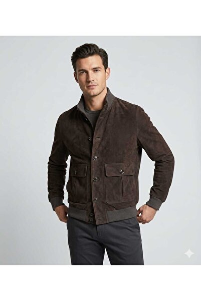 KENDE Süet Düğmeli Kolej Kahverengi Erkek Deri Ceket