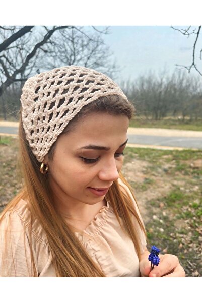 Muhteşem Concept Krem Renk File Model Üçgen Bandana, El Yapımı Örgü