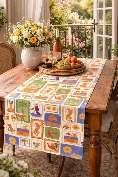 fdm desıgn Tropikal Figürlü Masa Runner 140x40 cm Dekoratif Yazlık Desenli Ma...