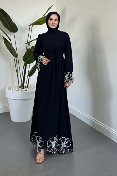 Evening Dress with Daisy Gemstone on Pariah Sleeves and Skirt End Dark Navy Blue
