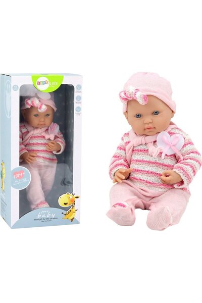 LeanToys Păpușă bebeluș, pulover cu dungi, căciulă, eșarfă, roz