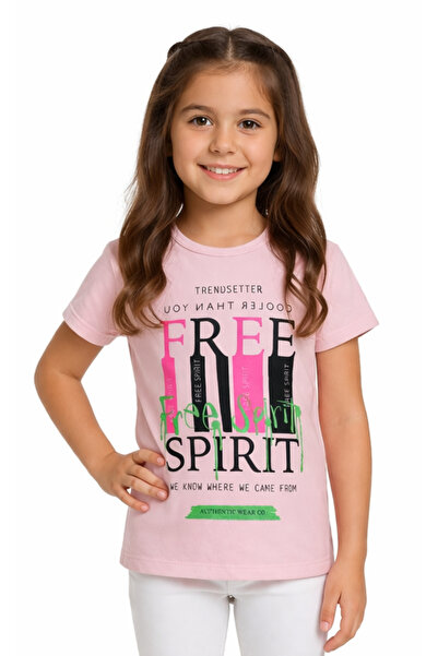 İrem Çocuk Giyim تي شيرت بناتي بأكمام قصيرة ولون بودرة وطبعة نصية من Free Spirit